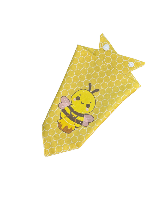 Yellow honeycomb pattern pet bandana with a cute cartoon bee design.