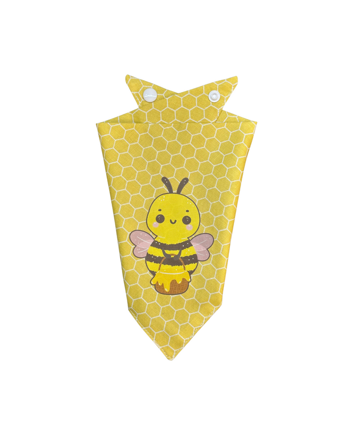 Yellow honeycomb pattern pet bandana with a cute cartoon bee design.
