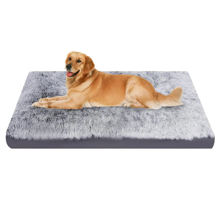 Golden retriever resting on a plush gray dog bed, ideal for pet comfort and care.