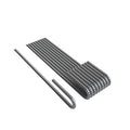 A set of J hook rebar stakes in two different sizes, arranged in parallel lines against a white background.