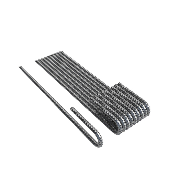 A set of J hook rebar stakes in two different sizes, arranged in parallel lines against a white background.