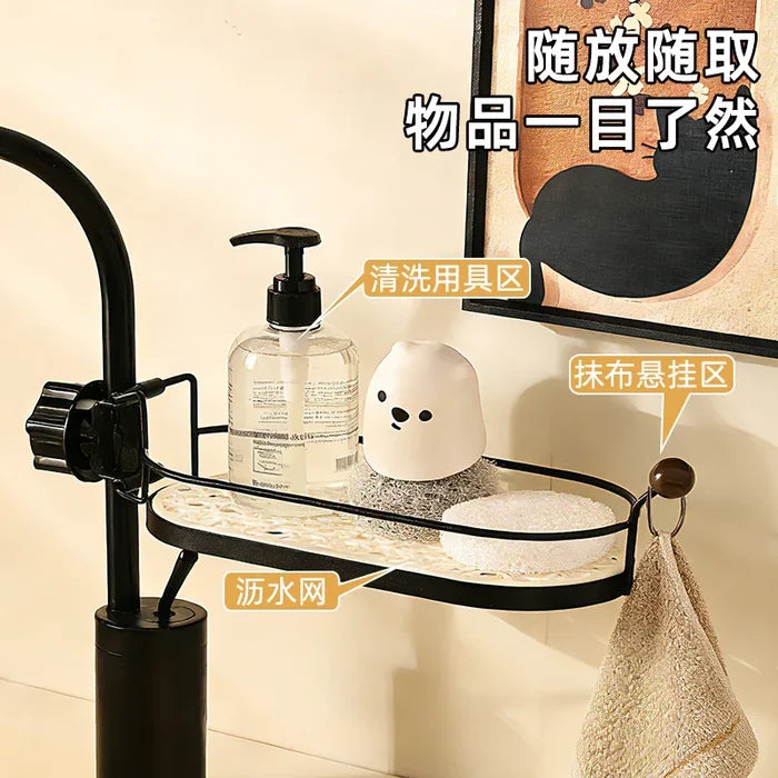 Kitchen Faucet Drain Rack-Household Sink Storage with Sponge and Wipe