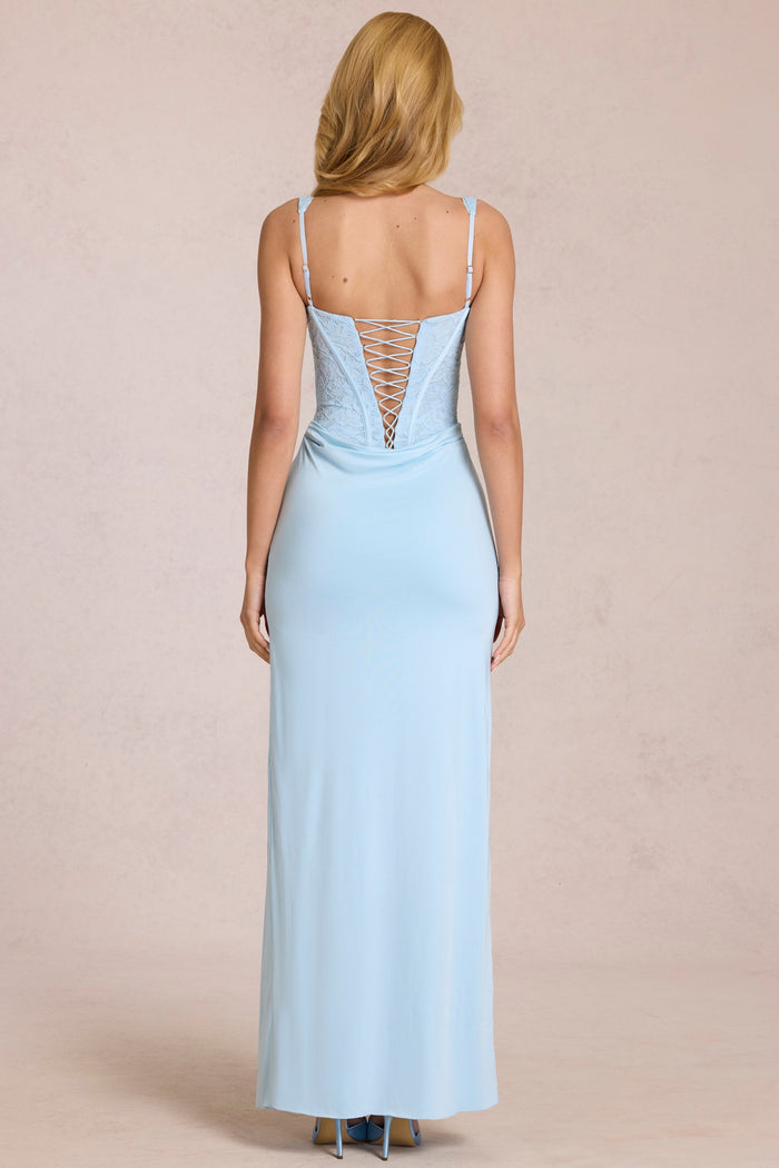 Lace Corset Maxi Dress in Powder Blue