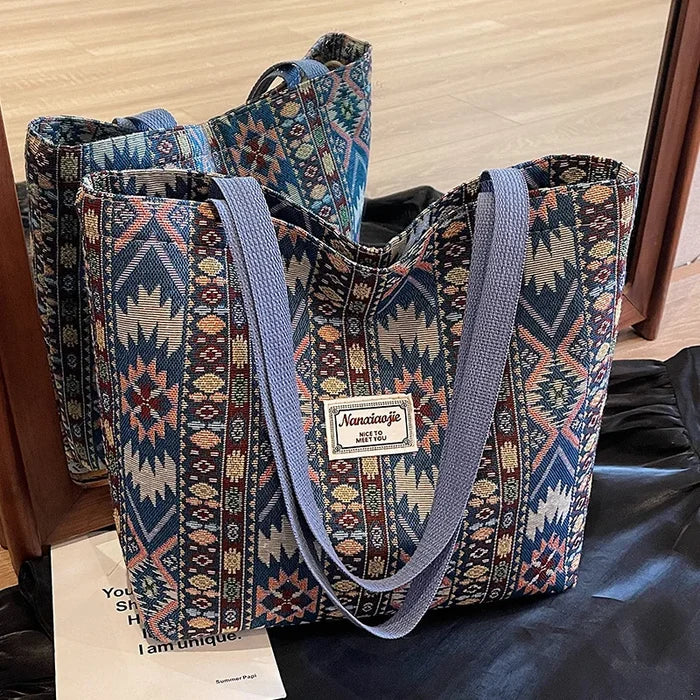 Large Capacity Ethnic Canvas Tote Bag - Summer & Autumn