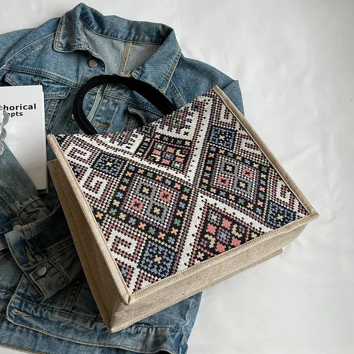 Large Capacity Ethnic Style Canvas Tote Bag for Women
