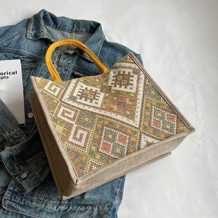 Large Capacity Ethnic Style Canvas Tote Bag for Women