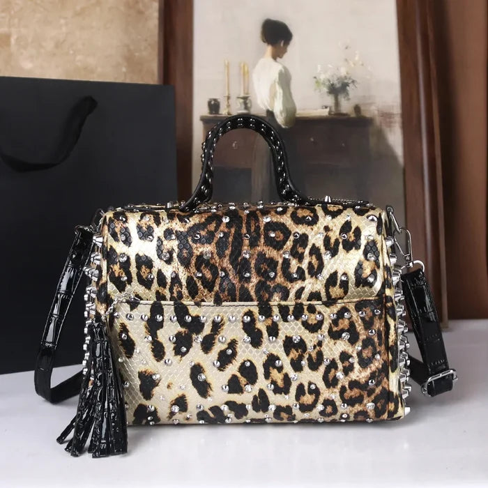 Leopard Punk Rhinestone Handbag - Large Capacity