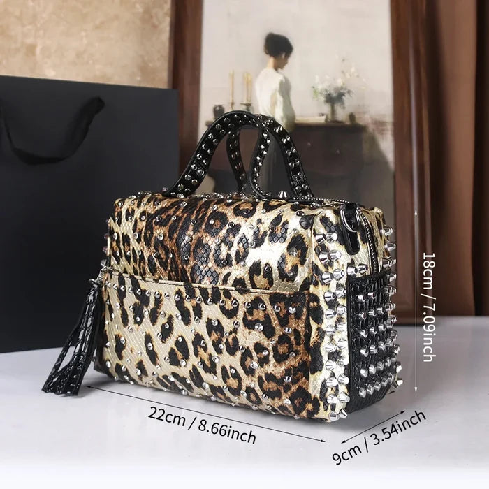 Leopard Punk Rhinestone Handbag - Large Capacity