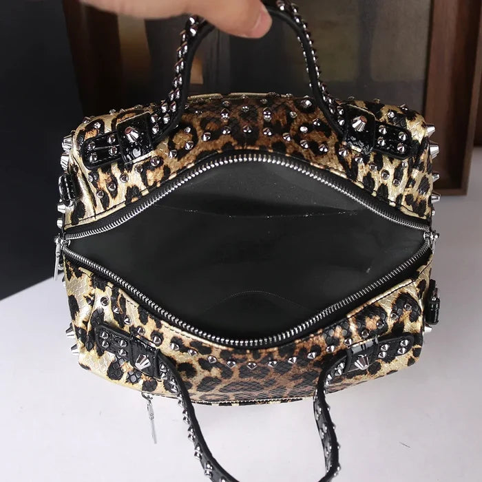 Leopard Punk Rhinestone Handbag - Large Capacity