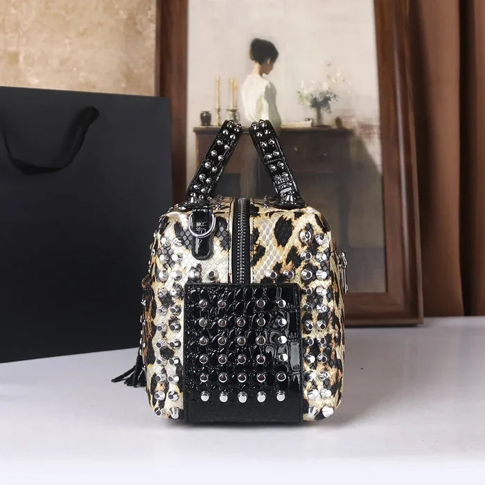 Leopard Punk Rhinestone Handbag - Large Capacity
