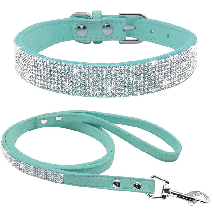 Light Blue Rhinestone Dog Collar & Leash Set | Soft Suede, Crystal Bling | Medium