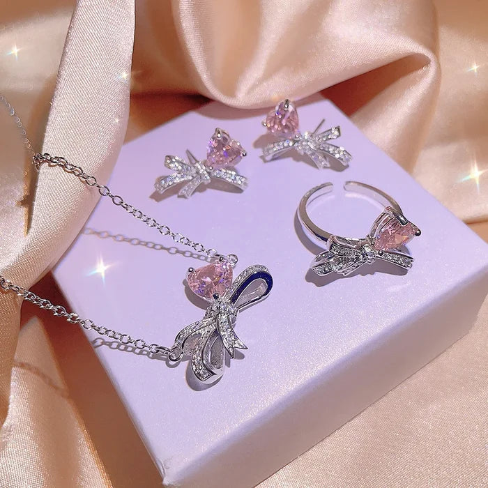 Luxurious Pink Zircon Bowknot Jewelry Set