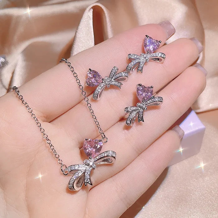 Luxurious Pink Zircon Bowknot Jewelry Set