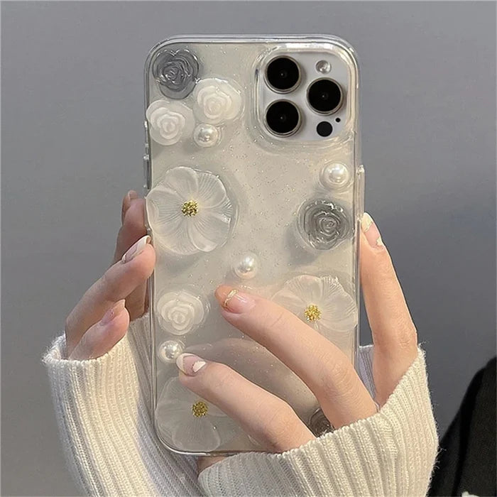 Luxury 3D Rose Flower Pearl Glitter Soft Case for iPhone