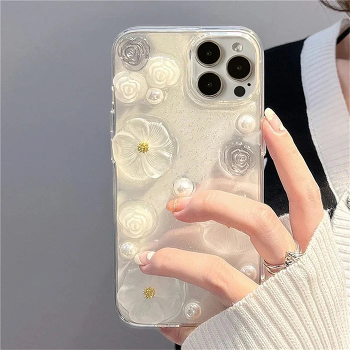 Luxury 3D Rose Flower Pearl Glitter Soft Case for iPhone
