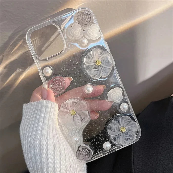 Luxury 3D Rose Flower Pearl Glitter Soft Case for iPhone