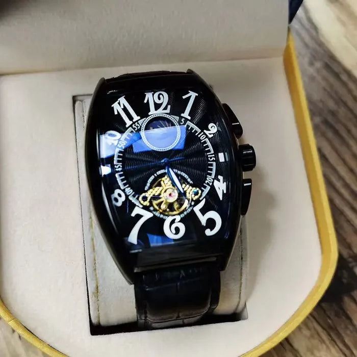 mechanical watch / Black Belt Silver Shell Black Face