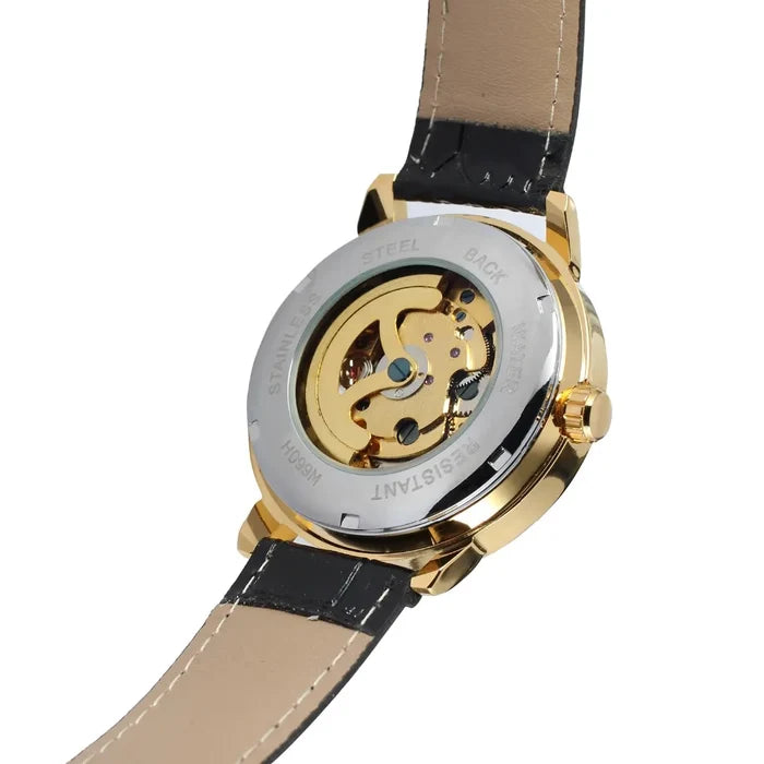 Luxury Gold Skeleton Leather Automatic Watch
