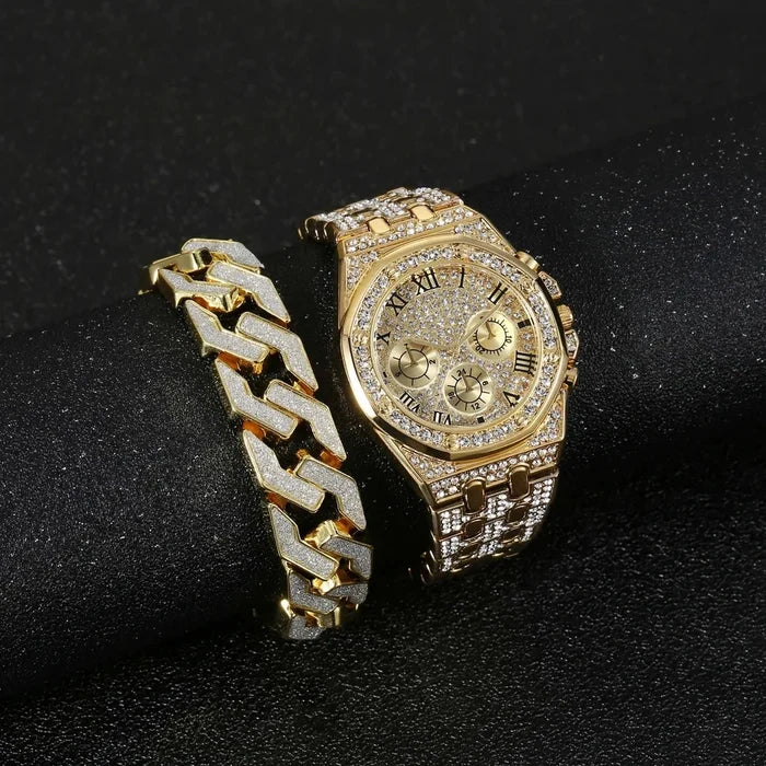 Luxury Gold Watch & Bracelet Set for Men & Women