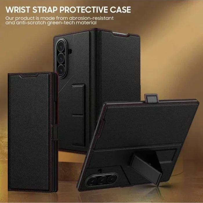 Luxury PU Leather Wallet Card Slots Wrist Strap Stand Case