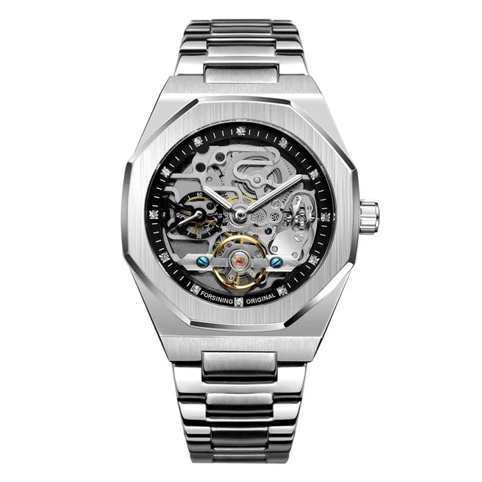 Automatic Hollow Mens Watches / Silver-Black