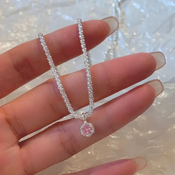 Luxury Silver Necklace with Pink Zircon Starry Sky