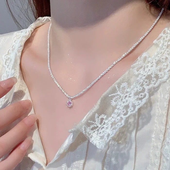 Luxury Silver Necklace with Pink Zircon Starry Sky