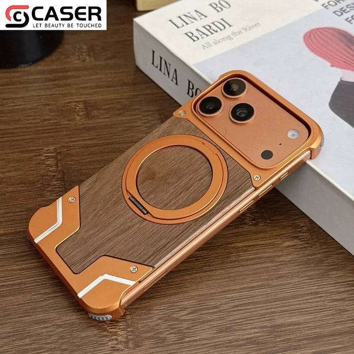 Magnetic Ring Phone Case With Hidden Kickstand Natural Walnut Wood