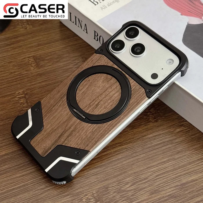 Magnetic Ring Phone Case With Hidden Kickstand Natural Walnut Wood