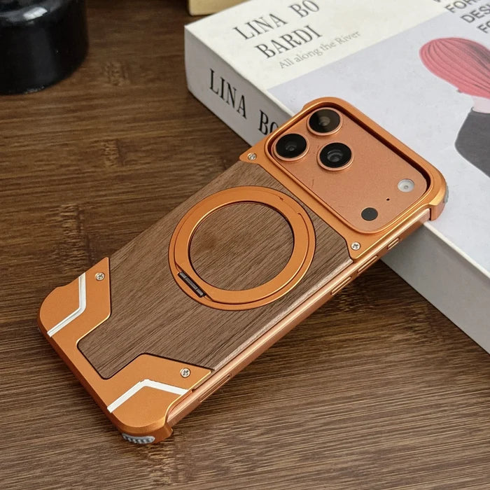 Magnetic Ring Phone Case With Hidden Kickstand Natural Walnut Wood