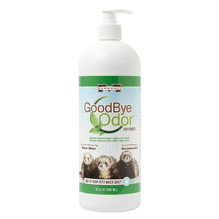 Marshall GoodBye Odor liquid supplement for ferrets in a 32 oz pump bottle.