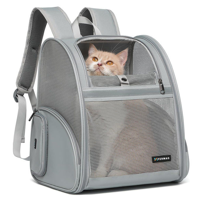 Mesh Pet Backpack Carrier | 3-Entry, Locking Zippers | Airline Approved | Up to 15 lbs | Gray