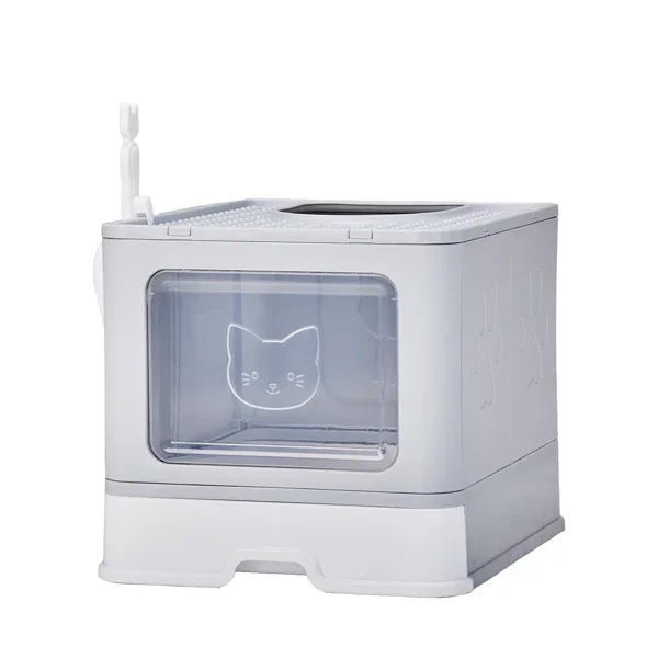 Modern cat litter box with transparent front panel and cat face design, ideal for pet care essentials.