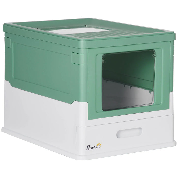Green and white covered cat litter box with front door and drawer for easy cleaning