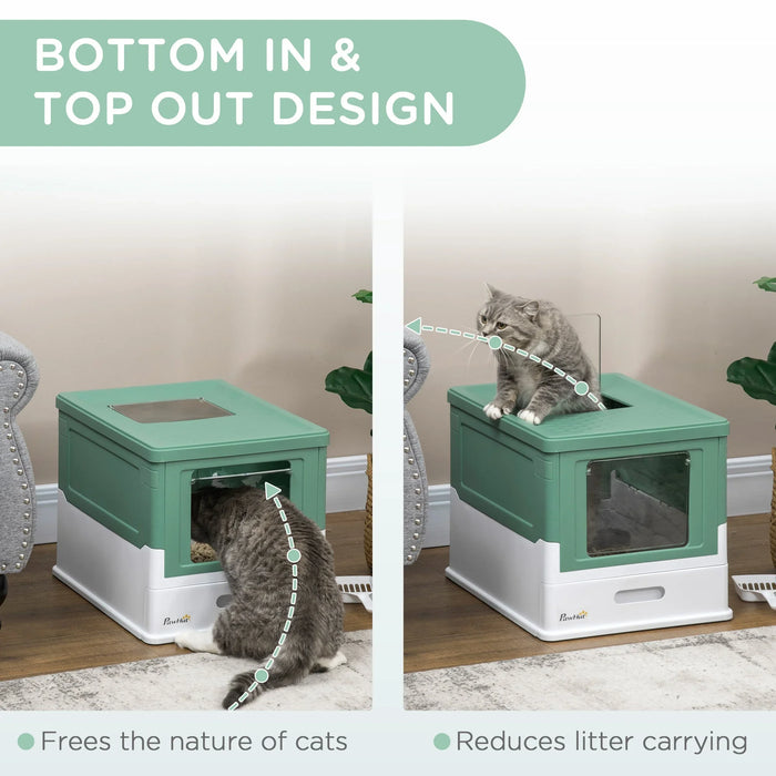 Green and white covered cat litter box with bottom entry and top exit, designed to reduce litter tracking and suit natural cat behavior