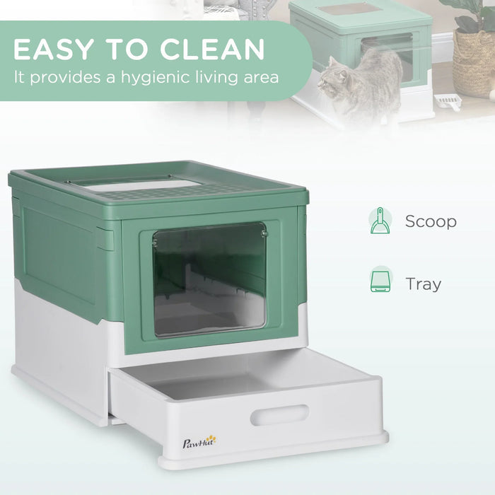 Green and white enclosed cat litter box with pull-out tray, easy to clean for hygienic pet care