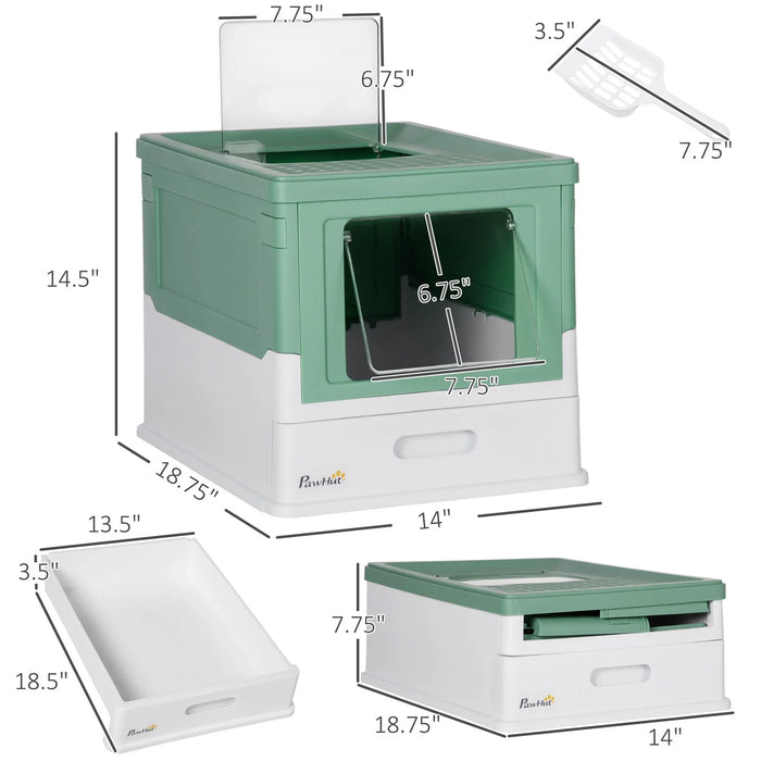 Green and white covered cat litter box with dimensions, includes litter scoop and tray, ideal for indoor pet care