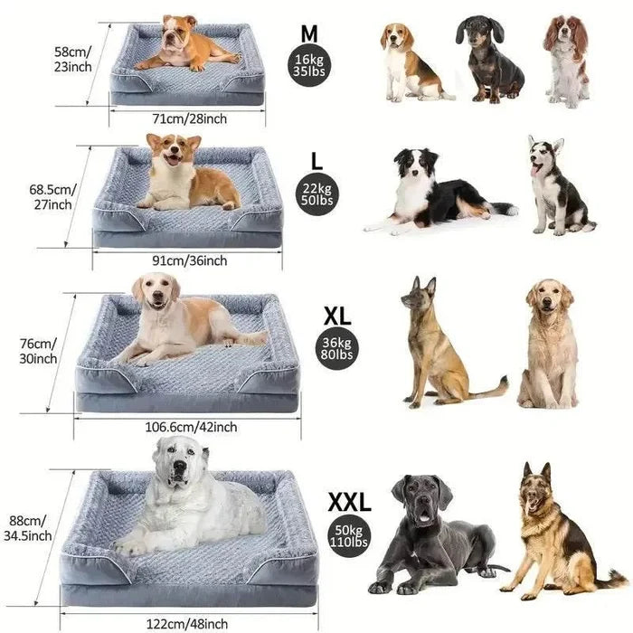 Dog beds in M, L, XL, XXL sizes with dimensions for small to large breeds, cozy and comfortable pet sleeping solutions