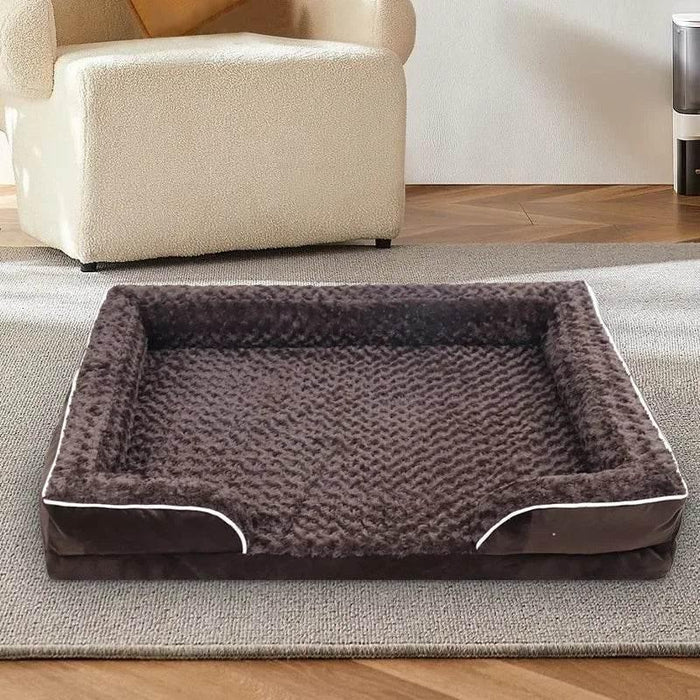 Cozy brown plush dog bed with white trim, perfect for pet comfort and home decor.