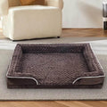 Cozy brown plush dog bed with white trim, perfect for pet comfort and home decor.