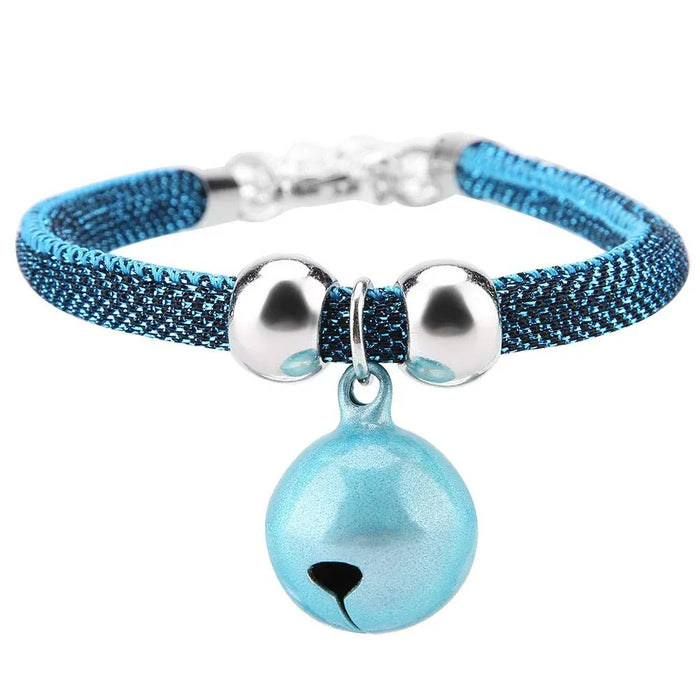 Blue glitter cat collar with silver beads and light blue bell charm for pet safety and style