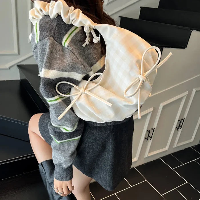 Niche Soft Ruched Zipper Bags New Summer Plaid Half Moon