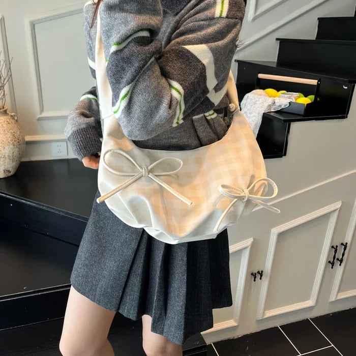 Niche Soft Ruched Zipper Bags New Summer Plaid Half Moon