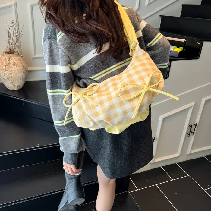 Niche Soft Ruched Zipper Bags New Summer Plaid Half Moon