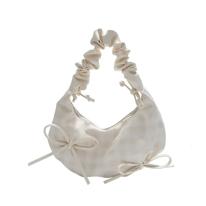 Niche Soft Ruched Zipper Bags New Summer Plaid Half Moon