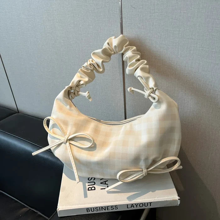 Niche Soft Ruched Zipper Bags New Summer Plaid Half Moon
