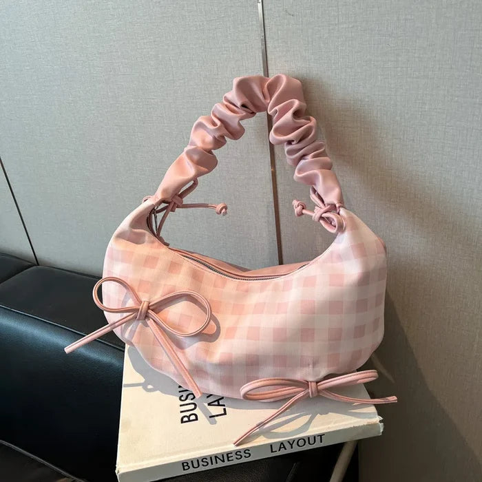 Niche Soft Ruched Zipper Bags New Summer Plaid Half Moon