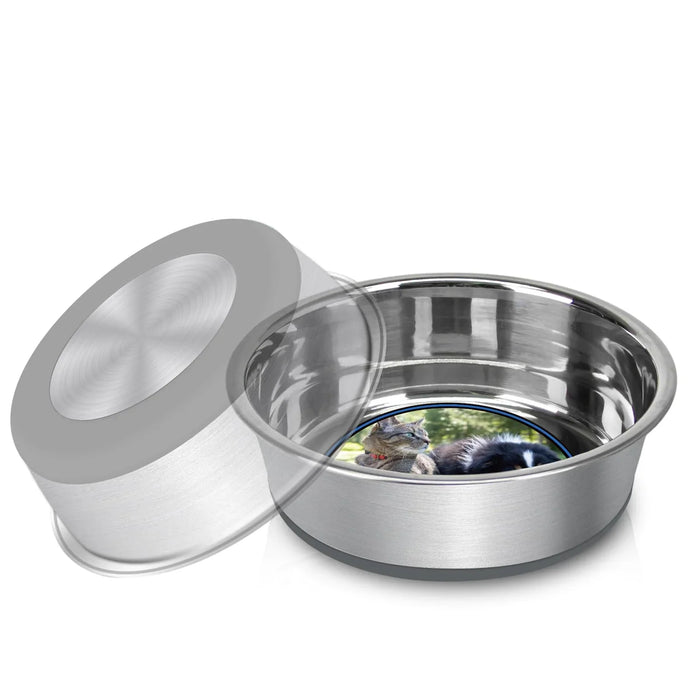 Stainless steel pet bowl with non-slip base and lid, ideal for cats and dogs