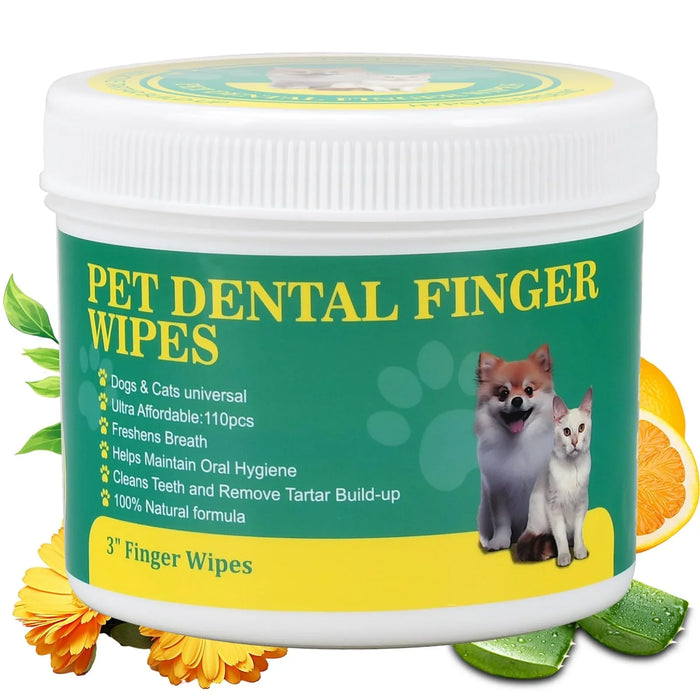 Pet Dental Finger Wipes for Dogs & Cats, 110pcs, Natural Formula, Oral Hygiene Care