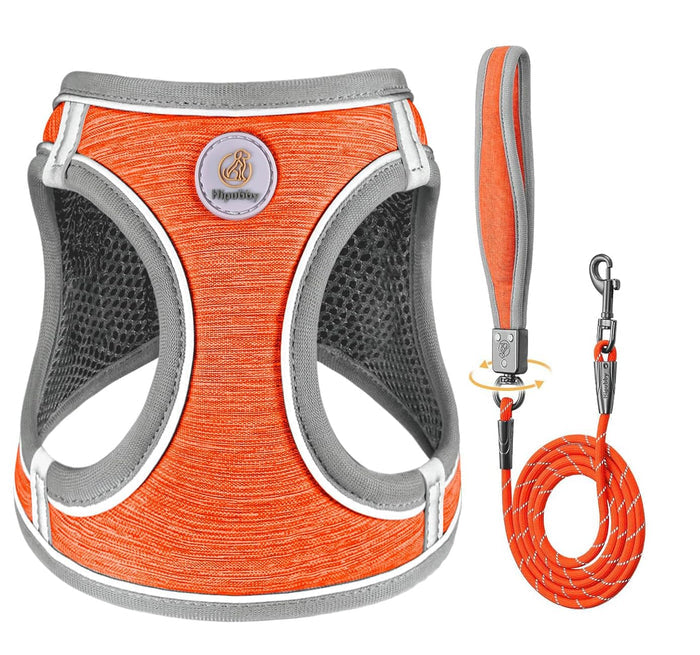 Orange Mesh Dog Harness & Leash Set | Reflective, No-Pull, Step-In | XS